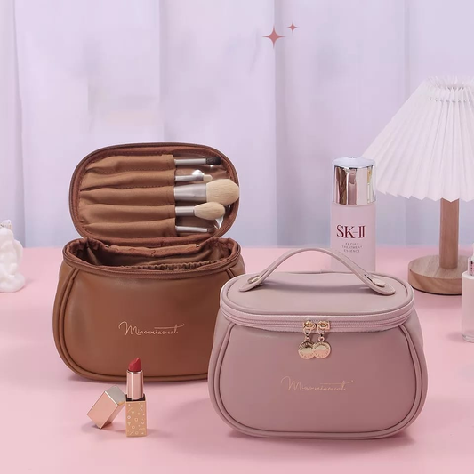 Leather Cosmetic Bag | Makeup Bag | Portable Cosmetic Bag | Travel Makeup Organizer