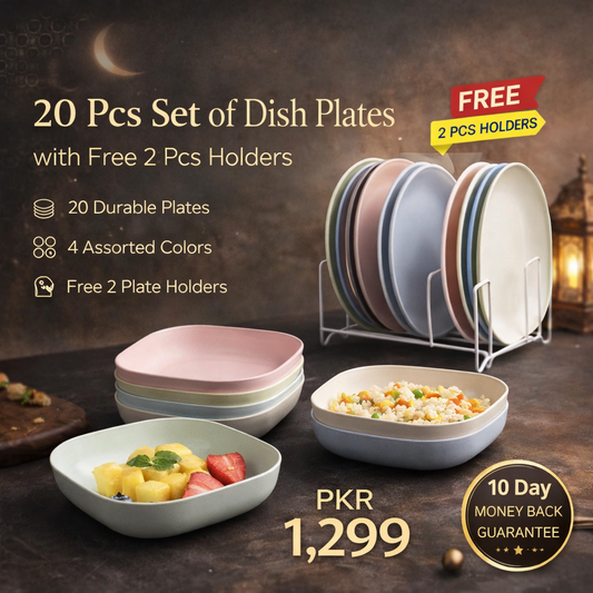 Azaadi Sale Offer 20 Pcs Set of Dish Plates with Free 2 Pcs Holders (20 Plates + 2 Holders)