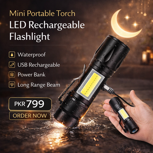 Mini Portable Torch LED Rechargeable Flashlight With USB Charging &amp; Power Bank Waterproof Long Range